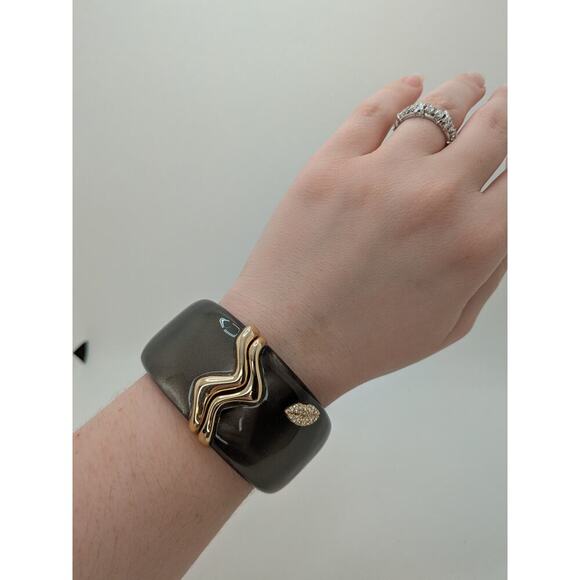 Alexis Bittar Large Grey Kiss Hinge Rhinestone Bangle Bracelet Size 6.75" - Picture 4 of 5